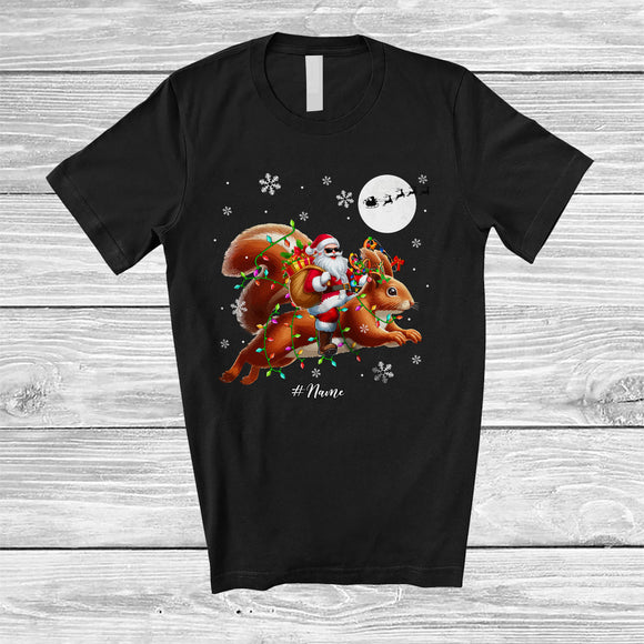 MacnyStore - Personalized Custom Name Santa Riding Squirrel Reindeer; Lovely Christmas Moon; Squirrel Animal T-Shirt