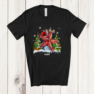 MacnyStore - Personalized Custom Name Santa Riding Starfish Reindeer; Humorous Christmas Lights Sea Animal T-Shirt