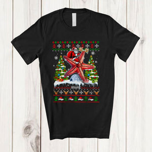 MacnyStore - Personalized Custom Name Santa Riding Starfish Reindeer; Humorous Christmas Sweater Sea Animal T-Shirt