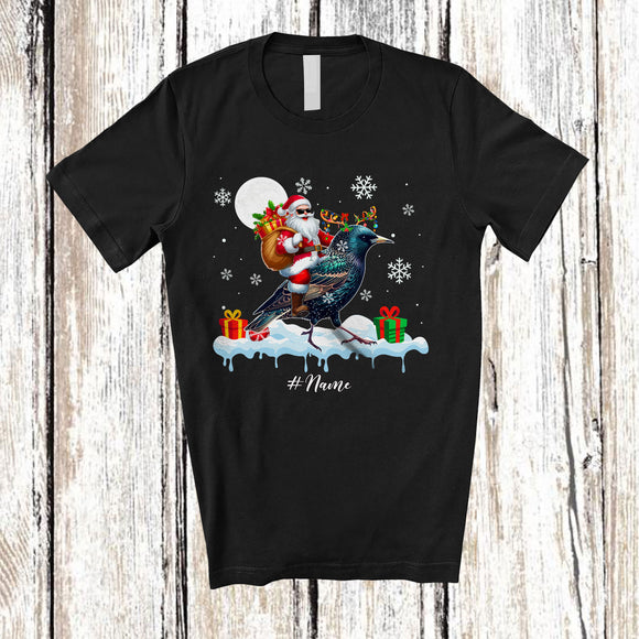 MacnyStore - Personalized Custom Name Santa Riding Starling; Awesome Christmas Snowing Bird; Family T-Shirt