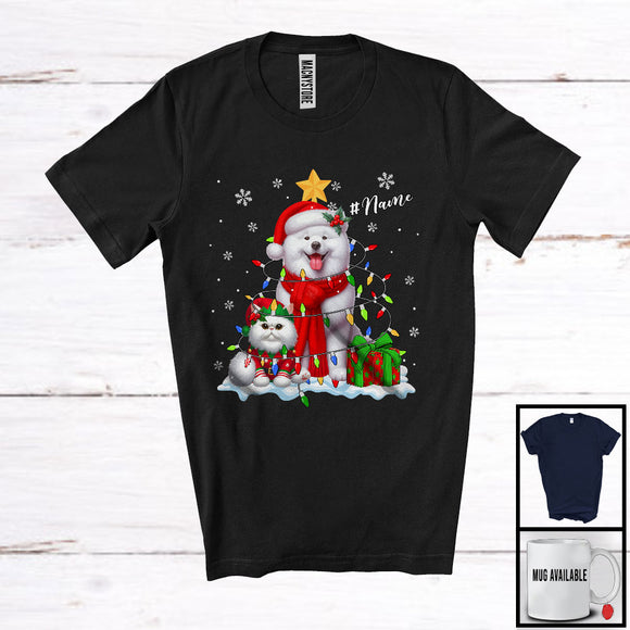 MacnyStore - Personalized Custom Name Santa Samoyed In Christmas Lights; Lovely X-mas Elf Cat Owner T-Shirt