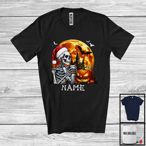 MacnyStore - Personalized Custom Name Santa Skeleton Drinking Coffee, Humorous Halloween Skeleton Coffee T-Shirt