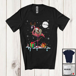 MacnyStore - Personalized Custom Name Santa Sloth Riding Reindeer Flamingo; Adorable Christmas Lights Snow T-Shirt