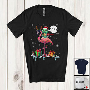 MacnyStore - Personalized Custom Name Santa Turtle Riding Reindeer Flamingo; Adorable Christmas Lights Snow T-Shirt