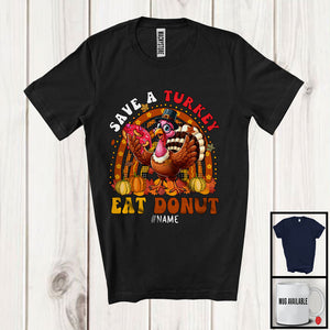 MacnyStore - Personalized Custom Name Save A Turkey Eat Donut; Happy Thanksgiving Plaid Rainbow Turkey T-Shirt