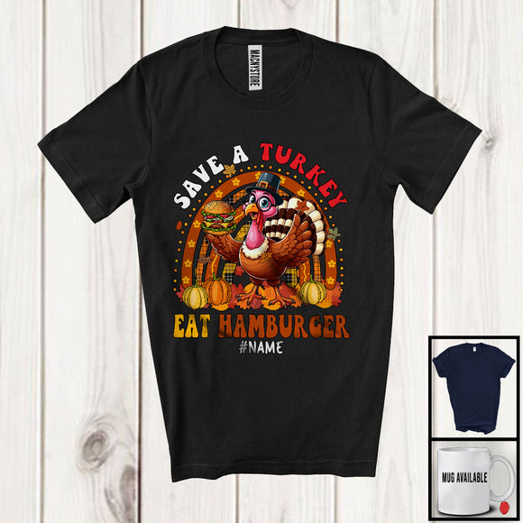 MacnyStore - Personalized Custom Name Save A Turkey Eat Hamburger; Happy Thanksgiving Plaid Rainbow Turkey T-Shirt