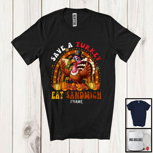 MacnyStore - Personalized Custom Name Save A Turkey Eat Sandwich Happy Thanksgiving Plaid Rainbow Turkey T-Shirt