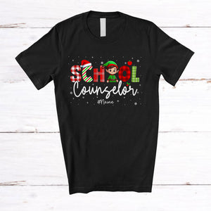 MacnyStore - Personalized Custom Name School Counselor; Amusing Christmas Plaid Elf; School Counselor Squad T-Shirt