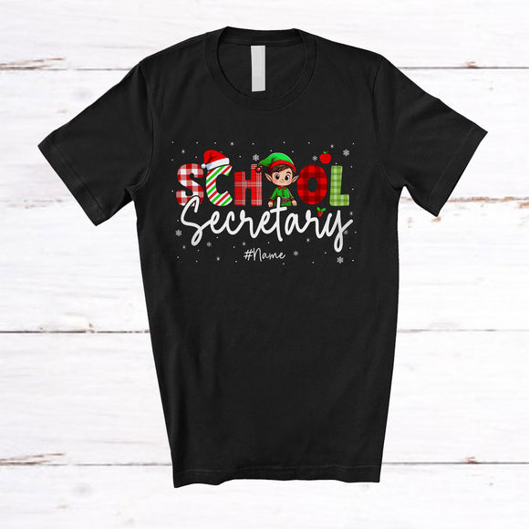 MacnyStore - Personalized Custom Name School Secretary; Amusing Christmas Plaid Elf; School Secretary Squad T-Shirt