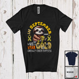 MacnyStore - Personalized Custom Name September We Wear Gold; Lovely Childhood Cancer Awareness Sloth T-Shirt