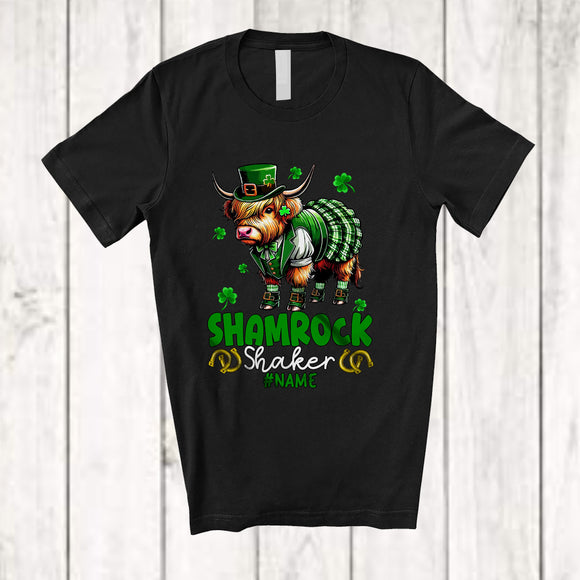 MacnyStore - Personalized Custom Name Shamrock Shaker; Humorous St. Patrick's Day Leprechaun Highland Cattle Cow T-Shirt