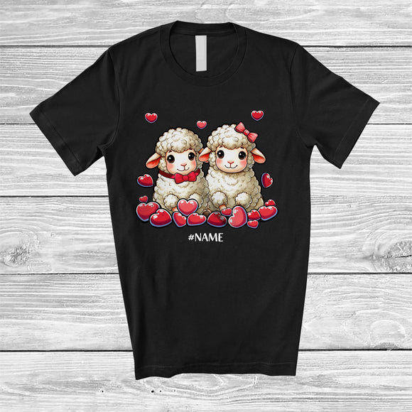 MacnyStore - Personalized Custom Name Sheep Couple; Lovely Valentine Hearts Sheep Farm Farmer; Family Group T-Shirt