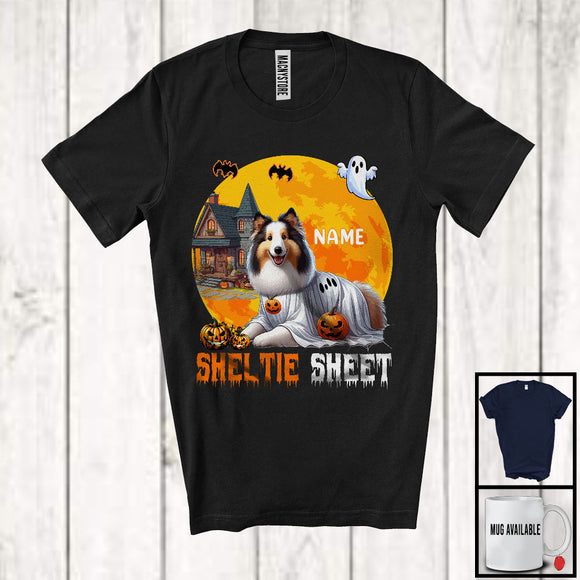 MacnyStore - Personalized Custom Name Sheltie Sheet, Adorable Halloween Moon Boo Ghost Sheltie Lover T-Shirt