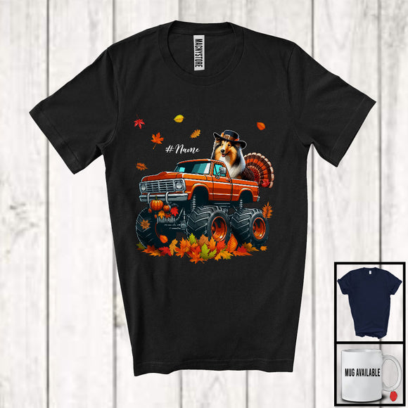 MacnyStore - Personalized Custom Name Sheltie Turkey On Monster Truck; Joyful Thanksgiving Fall Leaf T-Shirt