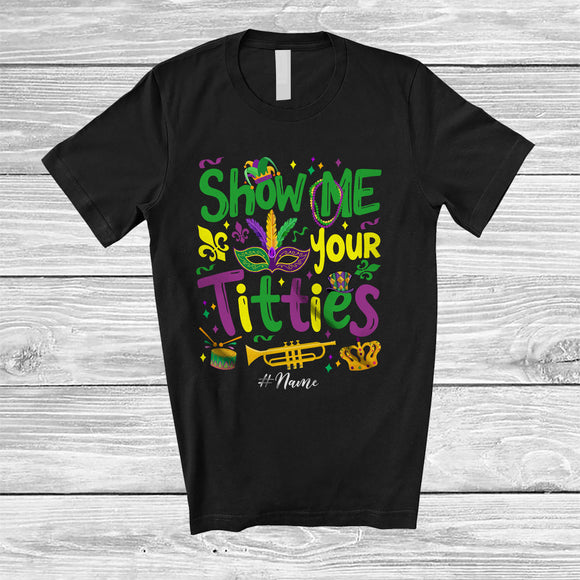 MacnyStore - Personalized Custom Name Show Me Your Titties; Joyful Mardi Gras Mask Jester Hat Beads T-Shirt