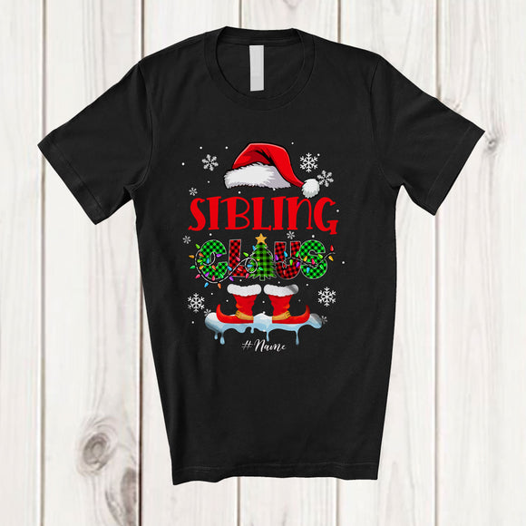 MacnyStore - Personalized Custom Name Sibling Claus Crew; Wonderful Christmas Lights Plaid Santa; Family T-Shirt