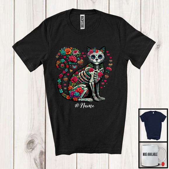 MacnyStore - Personalized Custom Name Skeleton Cat Sugar Skull; Adorable Dia De Los Muertos Mexican Proud T-Shirt