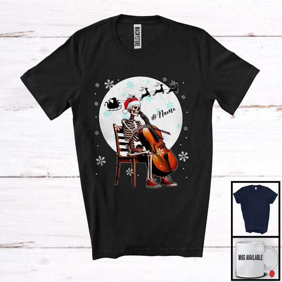 MacnyStore - Personalized Custom Name Skeleton Cello Player; Joyful Christmas Moon; Musical Instruments T-Shirt