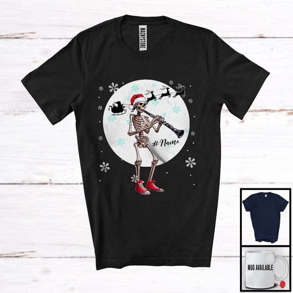 MacnyStore - Personalized Custom Name Skeleton Clarinet Player; Joyful Christmas Moon; Musical Instruments T-Shirt