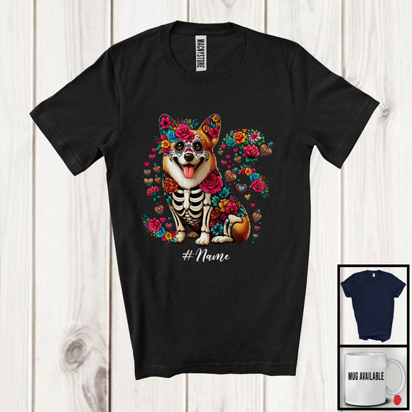 MacnyStore - Personalized Custom Name Skeleton Corgi Sugar Skull; Adorable Dia De Los Muertos Mexican Proud T-Shirt