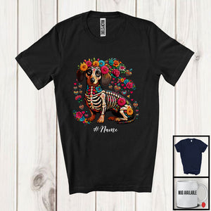 MacnyStore - Personalized Custom Name Skeleton Dachshund Sugar Skull; Adorable Dia De Los Muertos Mexican Proud T-Shirt