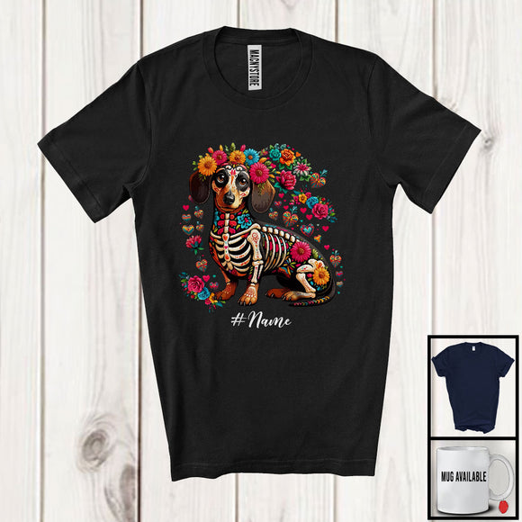 MacnyStore - Personalized Custom Name Skeleton Dachshund Sugar Skull; Adorable Dia De Los Muertos Mexican Proud T-Shirt