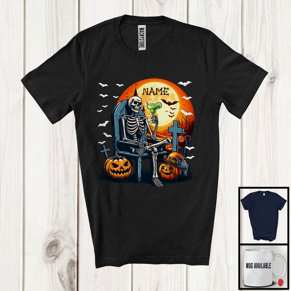 MacnyStore - Personalized Custom Name Skeleton Drinking Beer, Horror Halloween Pumpkin, Drinking Drunker T-Shirt