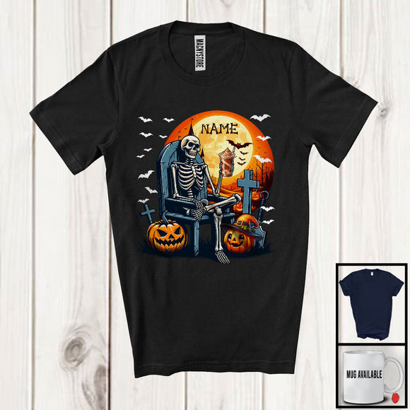 MacnyStore - Personalized Custom Name Skeleton Drinking Coffee, Horror Halloween Pumpkin, Drinking Drunker T-Shirt