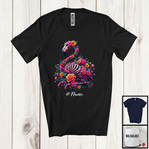 MacnyStore - Personalized Custom Name Skeleton Flamingo Sugar Skull; Adorable Dia De Los Muertos Mexican Proud T-Shirt