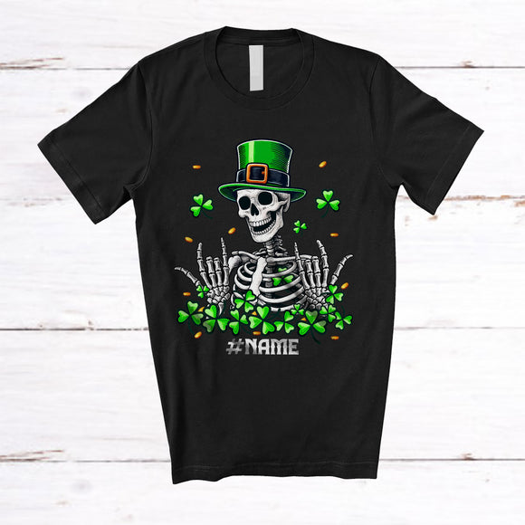 MacnyStore - Personalized Custom Name Skeleton Leprechaun; Joyful St. Patrick's Day Shamrocks Skeleton Skull T-Shirt