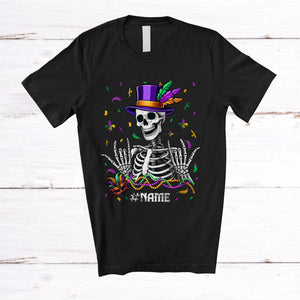 MacnyStore - Personalized Custom Name Skeleton Mardi Gras; Joyful Mardi Gras Beads Skeleton Skull; Family T-Shirt