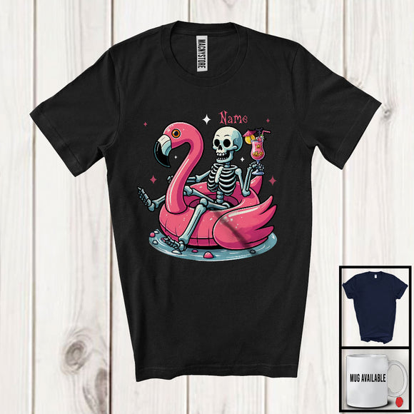 MacnyStore - Personalized Custom Name Skeleton On Flamingo Float; Adorable Halloween Summer Swimming T-Shirt