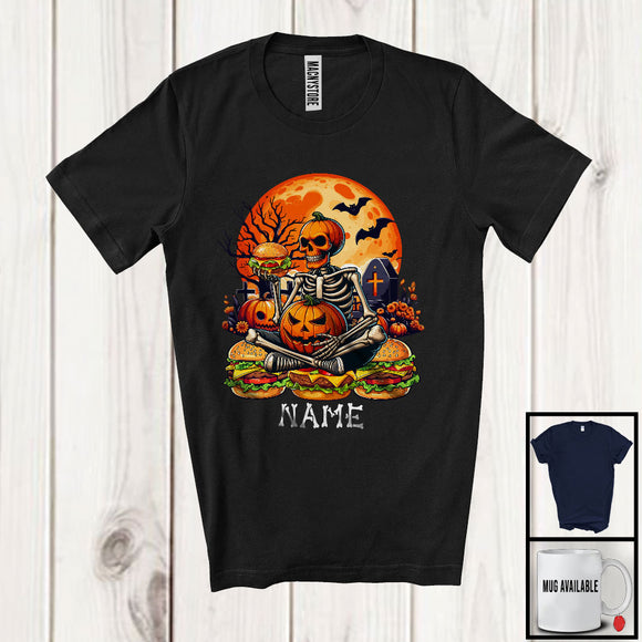 MacnyStore - Personalized Custom Name Skeleton On Hamburger, Scary Halloween Moon, Food Hamburger Lover T-Shirt