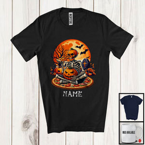 MacnyStore - Personalized Custom Name Skeleton On Pizza, Scary Halloween Costume Moon, Food Pizza Lover T-Shirt