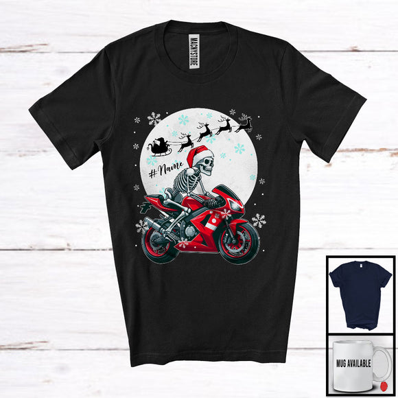 MacnyStore - Personalized Custom Name Skeleton Riding Motorbike; Joyful Christmas Moon Tree Skeleton; Family T-Shirt