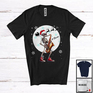 MacnyStore - Personalized Custom Name Skeleton Saxophone Player; Joyful Christmas Moon; Musical Instruments T-Shirt