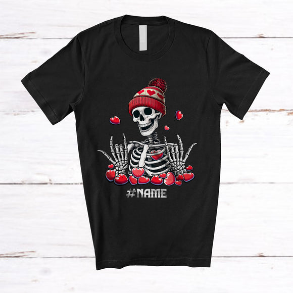 MacnyStore - Personalized Custom Name Skeleton Valentine; Joyful Valentine's Day Hearts Skeleton Skull; Single T-Shirt