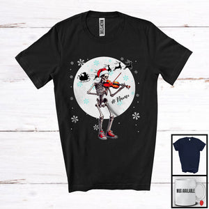 MacnyStore - Personalized Custom Name Skeleton Violin Player; Joyful Christmas Moon; Musical Instruments T-Shirt