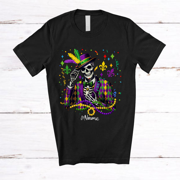 MacnyStore - Personalized Custom Name Skeleton With Beads; Joyful Mardi Gras Men Women Skeleton; Parades T-Shirt