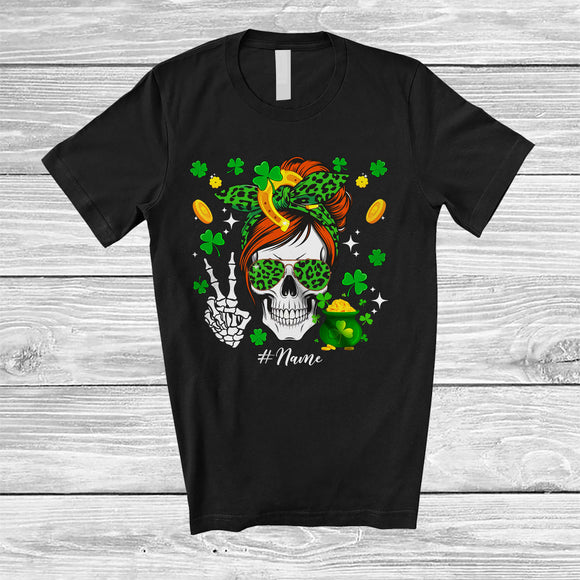 MacnyStore - Personalized Custom Name Skull Messy Bun Hair; Amazing St. Patrick's Day Women Family T-Shirt