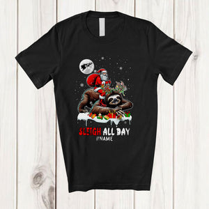 MacnyStore - Personalized Custom Name Sleigh All Day; Awesome Christmas Santa Riding Sloth; Family T-Shirt