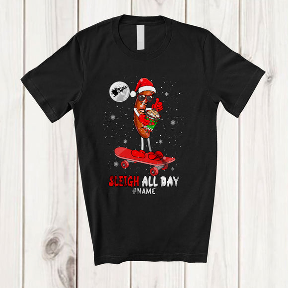 MacnyStore - Personalized Custom Name Sleigh All Day; Sarcastic Christmas Santa Sausage On Skateboard T-Shirt