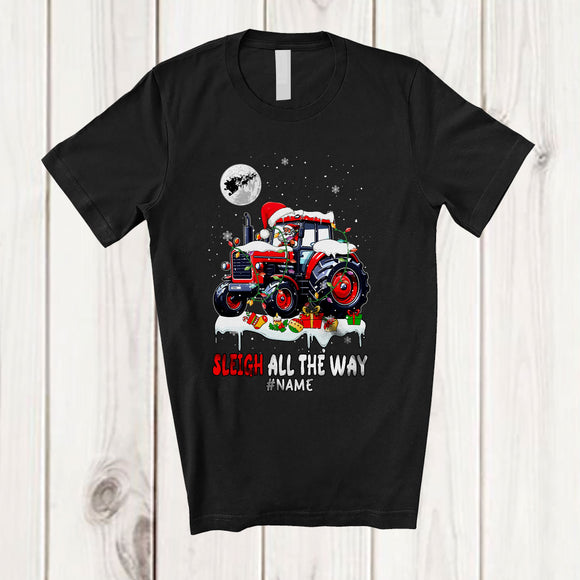 MacnyStore - Personalized Custom Name Sleigh All The Way; Awesome Christmas Santa Riding Tractor Truck; Family T-Shirt