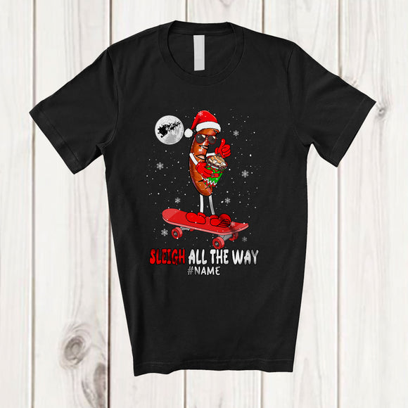 MacnyStore - Personalized Custom Name Sleigh All The Way; Sarcastic Christmas Santa Sausage On Skateboard T-Shirt