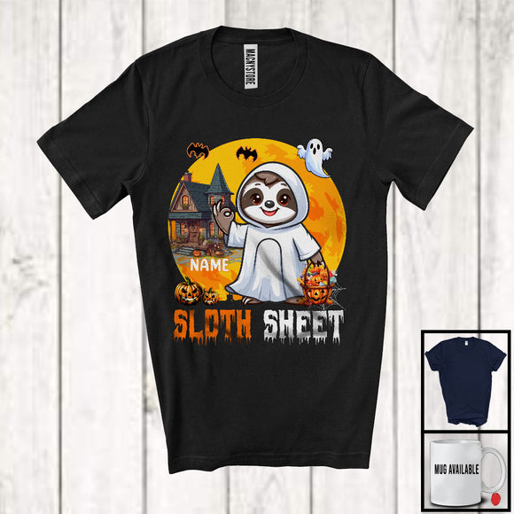 MacnyStore - Personalized Custom Name Sloth Sheet, Adorable Halloween Moon Boo Ghost Sloth Lover T-Shirt