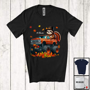 MacnyStore - Personalized Custom Name Sloth Turkey On Monster Truck; Joyful Thanksgiving Fall Leaf T-Shirt