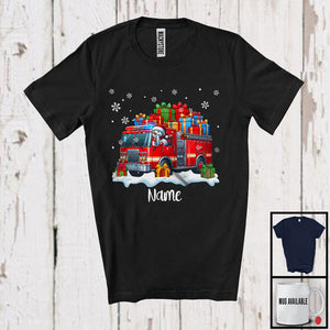 MacnyStore - Personalized Custom Name Snowman Driving Fire Truck, Adorable Christmas Rider, X-mas Team T-Shirt