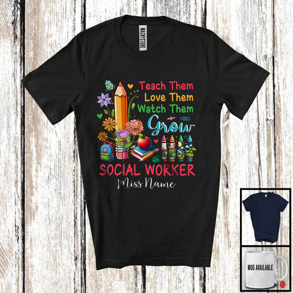 MacnyStore - Personalized Custom Name Social Worker Teach Love Watch Them Grow, Lovely Flowers Pencils Group T-Shirt