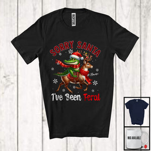 MacnyStore - Personalized Custom Name Sorry I've Been Feral; Fantastic Christmas Plaid Alligator Riding Reindeer T-Shirt