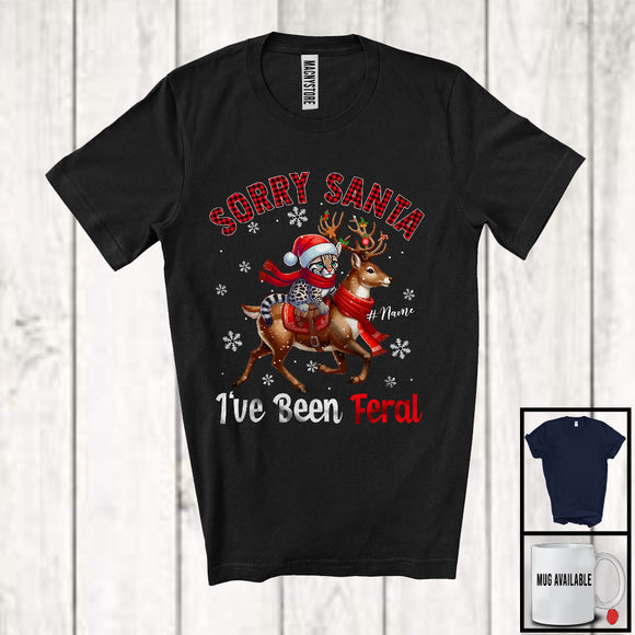 MacnyStore - Personalized Custom Name Sorry I've Been Feral; Fantastic Christmas Plaid Ocelot Riding Reindeer T-Shirt